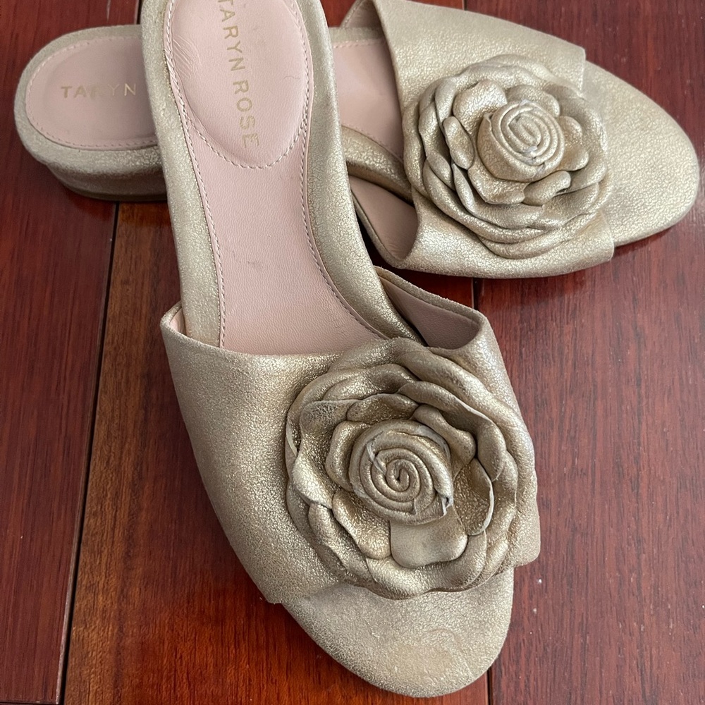 Violet Flat Floral Metallic Leather Slide Sandal